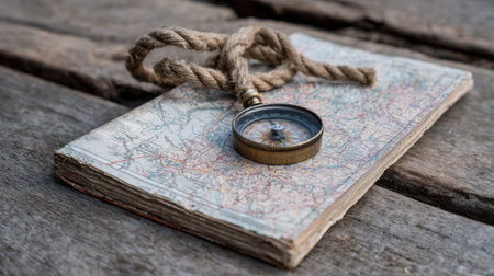 A compass and a weathered map are placed on a rustic wooden surface, evoking the spirit of adventure and exploration in an outdoor setting.の素材