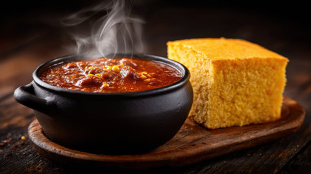 A steaming bowl of chili with tender beans and spices sits next to a slice of cornbread on a rustic wooden board, creating a warm dinner experience.の素材