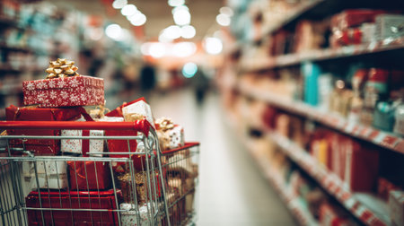 A shopping cart filled with colorful gifts is positioned in a store aisle decorated for the holiday season, showcasing festive items and decorations.の素材