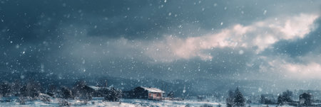 Snowflakes drift softly over a rural scene, settling on rustic structures as dark clouds roll in, creating a serene yet powerful winter atmosphere.の素材