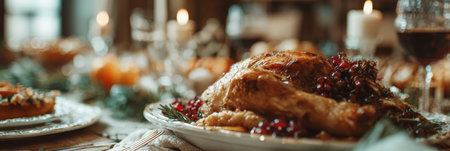 A lavish feast showcases a perfectly roasted turkey adorned with cranberries and herbs, surrounded by candles and festive decorations in a cozy setting.の素材