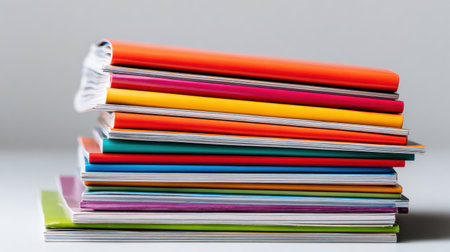 Brightly colored notebooks are neatly stacked on a smooth surface, indicating a sense of organization and inviting creativity.の素材