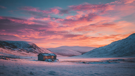 A cozy cabin sits in a snowy valley as the sun sets, casting vibrant colors across the sky and illuminating the surrounding mountains.の素材