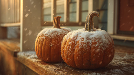 Two orange pumpkins sit on a wooden porch, topped with a light layer of snow, showing a serene winter atmosphere in a rural setting.の素材