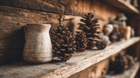 Decorative arrangement of pinecones and a ceramic jug on a rustic wooden shelf in a cozy cabin environment, evoking a warm autumn feel.の素材