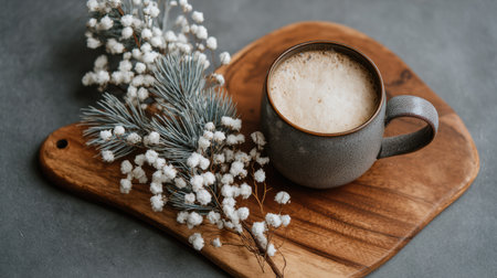 A warm coffee cup rests on a wooden serving board beside sprigs, creating a comforting ambiance perfect for chilly days.の素材