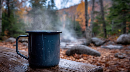 A steaming mug rests on a wooden table, surrounded by colorful autumn foliage and rocky terrain, evoking a tranquil outdoor morning.の素材