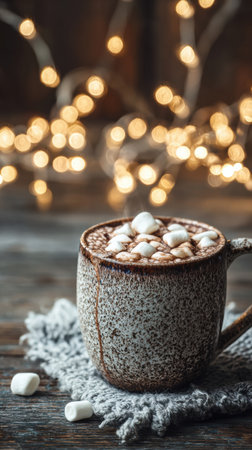 A cozy mug filled with rich hot chocolate and fluffy marshmallows sits on a knitted coaster, illuminated by soft, twinkling lights in the background.の素材