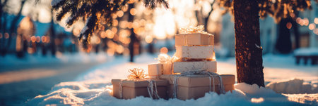 A collection of elegantly wrapped gifts is placed under a snow-dusted tree as warm lights twinkle in the background during a cozy winter evening.の素材