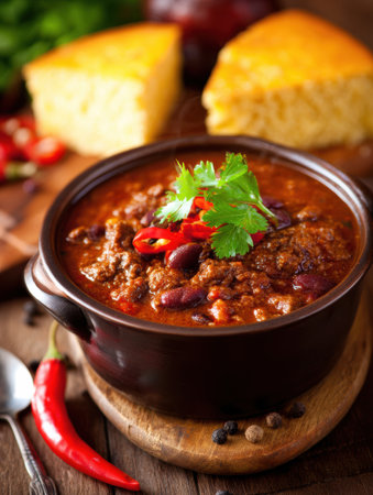 Bowl of hearty chili garnished with cilantro and red peppers is set on a wooden table beside cornbread and fresh ingredients, creating a warm atmosphere.の素材