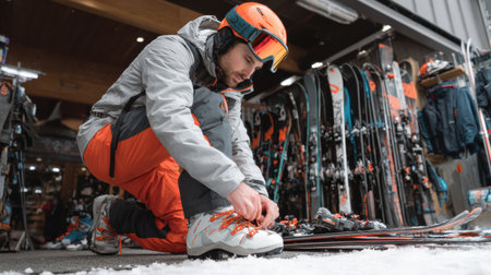 A skier is lacing up his boots at a ski shop, surrounded by various ski gear and equipment as preparations begin for an exciting day on the slopes.の素材