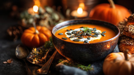 Thick pumpkin soup is served in a rustic bowl, topped with seeds and herbs, surrounded by seasonal decorations and candles, evoking autumn warmth.の素材