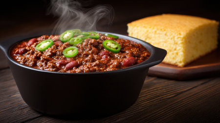 A steaming bowl of chili topped with sliced green peppers sits next to a warm piece of cornbread on a wooden table in a cozy setting.の素材