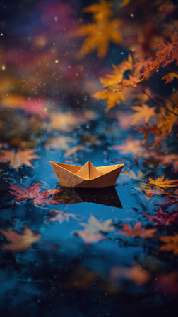 A small origami paper boat drifts gently on still water surrounded by colorful autumn leaves. The sunset casts warm tones over the scene.の素材