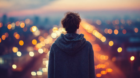 A figure in a cozy sweatshirt gazes out over a vibrant cityscape filled with shimmering lights as the sun sets, creating a reflective atmosphere.の素材