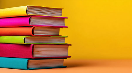 A neatly arranged stack of vibrant books stands out against a bold yellow backdrop, creating an inviting scene for readers and book lovers alike.の素材