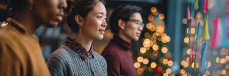 Three people engaged in brainstorming, looking thoughtfully at colorful sticky notes while surrounded by decorative lights and a cozy atmosphere.の素材