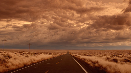 A long, straight road meanders through a desolate desert, framed by tall grass and dramatic, cloud-filled skies at twilight.の素材