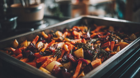A tray of vibrant roasted carrots, potatoes, and beets awaits in a warm kitchen, creating a cozy cooking atmosphere.の素材