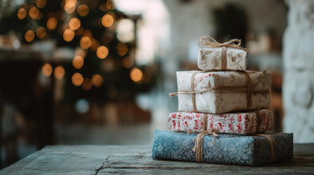Wrapped presents with decorative paper sit neatly on a rustic wooden table, while twinkling lights from a Christmas tree add a cozy ambiance to the space.の素材