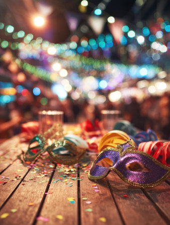 Colorful masks and bright decorations are scattered on a wooden table, setting a lively atmosphere during a nighttime celebration filled with joy.の素材