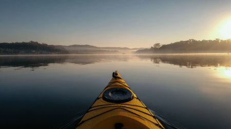 Paddling a bright yellow kayak across still water as the sun rises, creating a serene and misty morning atmosphere over the lake.の素材
