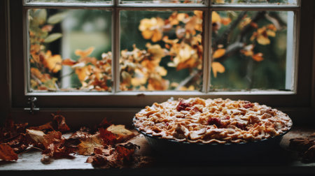 A freshly baked apple pie rests on a windowsill, surrounded by colorful autumn leaves, capturing the essence of the fall season in a warm kitchen.の素材