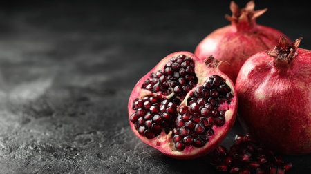 Bright red pomegranates are cut in half showcasing vibrant seeds, placed on a textured dark stone surface, creating an inviting kitchen atmosphere.の素材