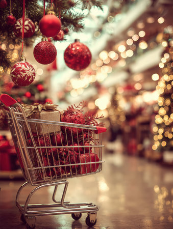 A shopping cart overflowing with Christmas ornaments and decorations sits against a softly lit background of festive holiday decorations in a market.の素材
