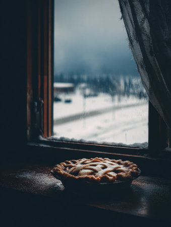 A delicious pie rests on a wooden windowsill, with a snowy scene visible outside. Dark clouds and frosty trees create a winter atmosphere.の素材