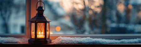 A charming lantern casts a warm glow on a snow-covered windowsill as the winter sun sets, creating a serene and cozy atmosphere.の素材