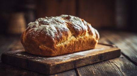 Warm loaf of bread with a golden crust is placed on a wooden cutting board, surrounded by a cozy kitchen atmosphere filled with soft light.の素材