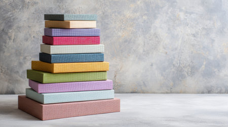 A colorful stack of boxes against a textured gray background highlights creativity and decor in home organization.の素材