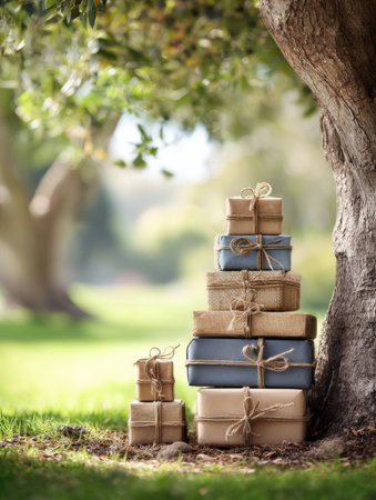 Various wrapped gifts in neutral colors stacked against a tree in a serene outdoor location, surrounded by green grass and softly lit by sunlight.の素材