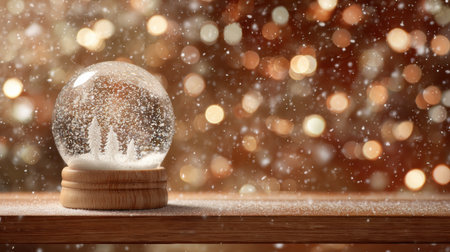 A beautifully crafted snow globe rests on a wooden table, featuring a snowy landscape and softly falling snowflakes amidst warm holiday lights.の素材