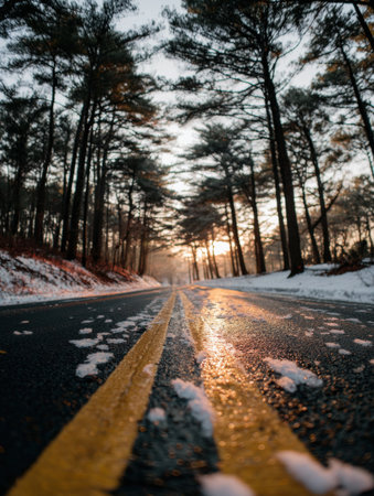 A winding road surrounded by tall trees shows a sprinkling of snow as the sun rises, creating a peaceful and picturesque winter setting.の素材