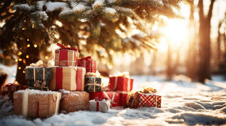 Brightly wrapped gifts are arranged under a Christmas tree, illuminated by soft sunlight in a serene winter landscape, capturing the festive spirit.の素材
