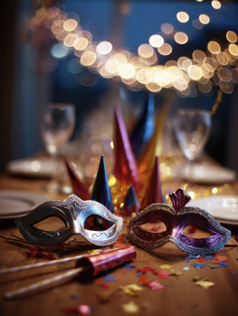 Colorful masks and party hats are placed on a table adorned with confetti, illuminated by warm bokeh lights, creating a joyful atmosphere for a gathering.の素材