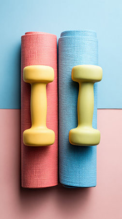 Two rolled yoga mats in pink and blue lie flat on a pastel background, accompanied by matching dumbbells, inviting a vibrant workout atmosphere.の素材