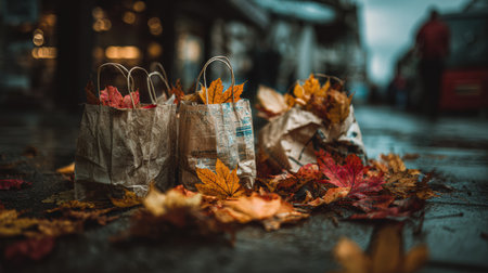 Colorful autumn leaves pile around paper bags on a rainy street, reflecting the vibrant essence of the season amidst the urban backdrop.の素材