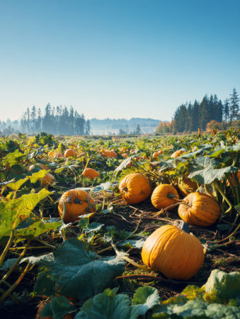 Rows of ripe orange pumpkins grow in a sunlit field with lush green leaves, surrounded by trees and soft morning fog creating a serene atmosphere.の素材