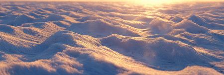 Soft snowdrifts reflect the golden light of the sunset, creating a tranquil winter scene with rolling textures and shadows across the surface.の素材