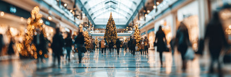 Busy shoppers move through a vibrant mall adorned with festive decorations and dazzling lights, highlighted by a tall Christmas tree in the centerの素材