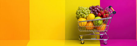 A shopping cart holds an assortment of colorful fruits, including grapes, strawberries, and lemons, set against a striking yellow and pink backdrop.の素材
