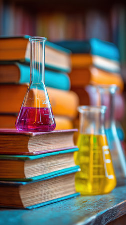 Colorful laboratory glassware sits atop a stack of old books in a cozy study, merging the worlds of science and literature in a warm atmosphere.の素材