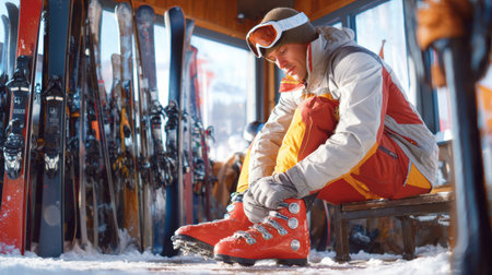A person is getting ready to ski by putting on bright red boots while surrounded by skis in a cozy mountain lodge on a snowy day.の素材