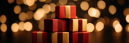 Stacked red and gold gift boxes shine brightly amidst soft, glowing background lights, evoking a cheerful holiday atmosphere perfect for celebration.の素材