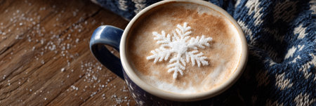 Warm hot cocoa featuring a unique snowflake design rests on a rustic wooden table with a knitted blanket, evoking a cozy winter atmosphere.の素材