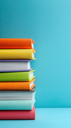 A vibrant stack of books sits elegantly on a blue background, showing various colors and textures, perfect for study or creative inspiration in any setting.の素材