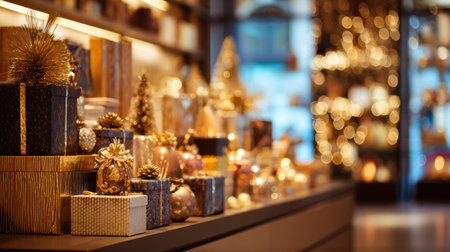 Brightly wrapped gifts glow softly in the store, creating a cozy holiday vibe that draws in shoppers during the festive season.の素材